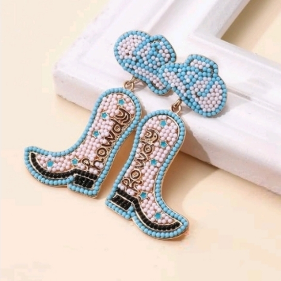 Blue Howdy Cowgirl Boots Earrings Beaded Earrings Rodeo - Picture 2 of 5